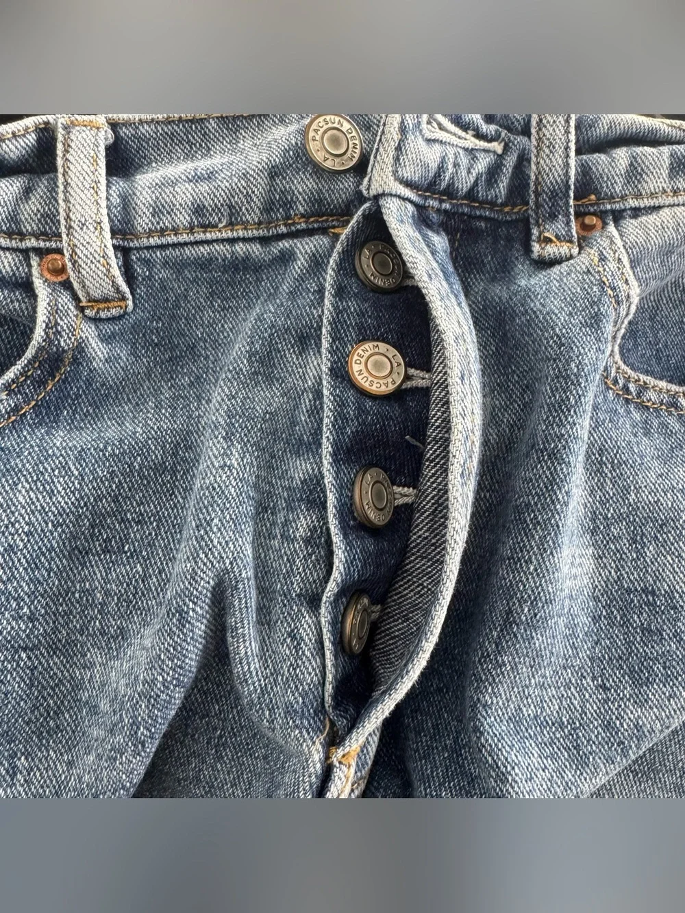 PacSun Baggy Denim Shorts Blue Distressed Button Fly Raw Hem High-Rise Sz 25